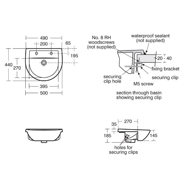 Armitage Shanks Sandringham 21 500 Semi-recessed Basin 2TH - Technical Drawing